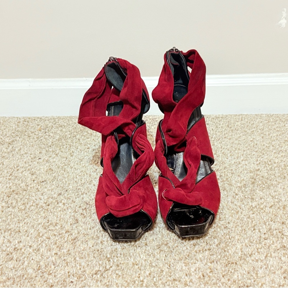 Red High Heels with Open Toe and Unique Twisted Design